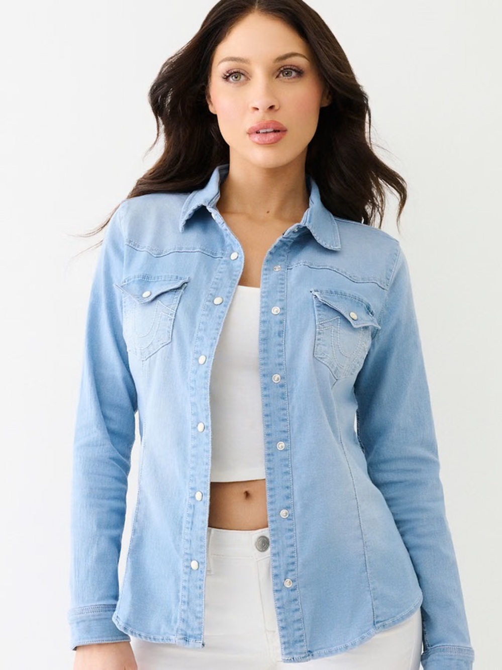 True Religion Western Pearl Snap Denim Shirt | Light Blue Wash | Size Medium
